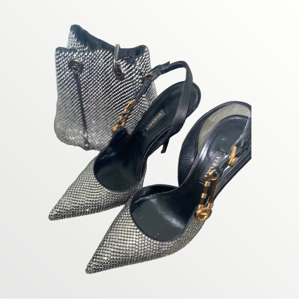 Versace Black Safety Pin Embellished Slingback Pumps, Size 37, Preloved ❤️